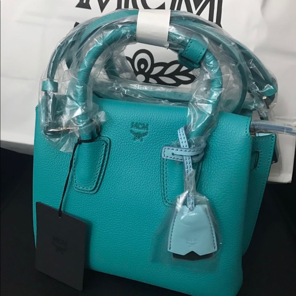 MCM Turquoise Leather Mini Top-Handle Bag